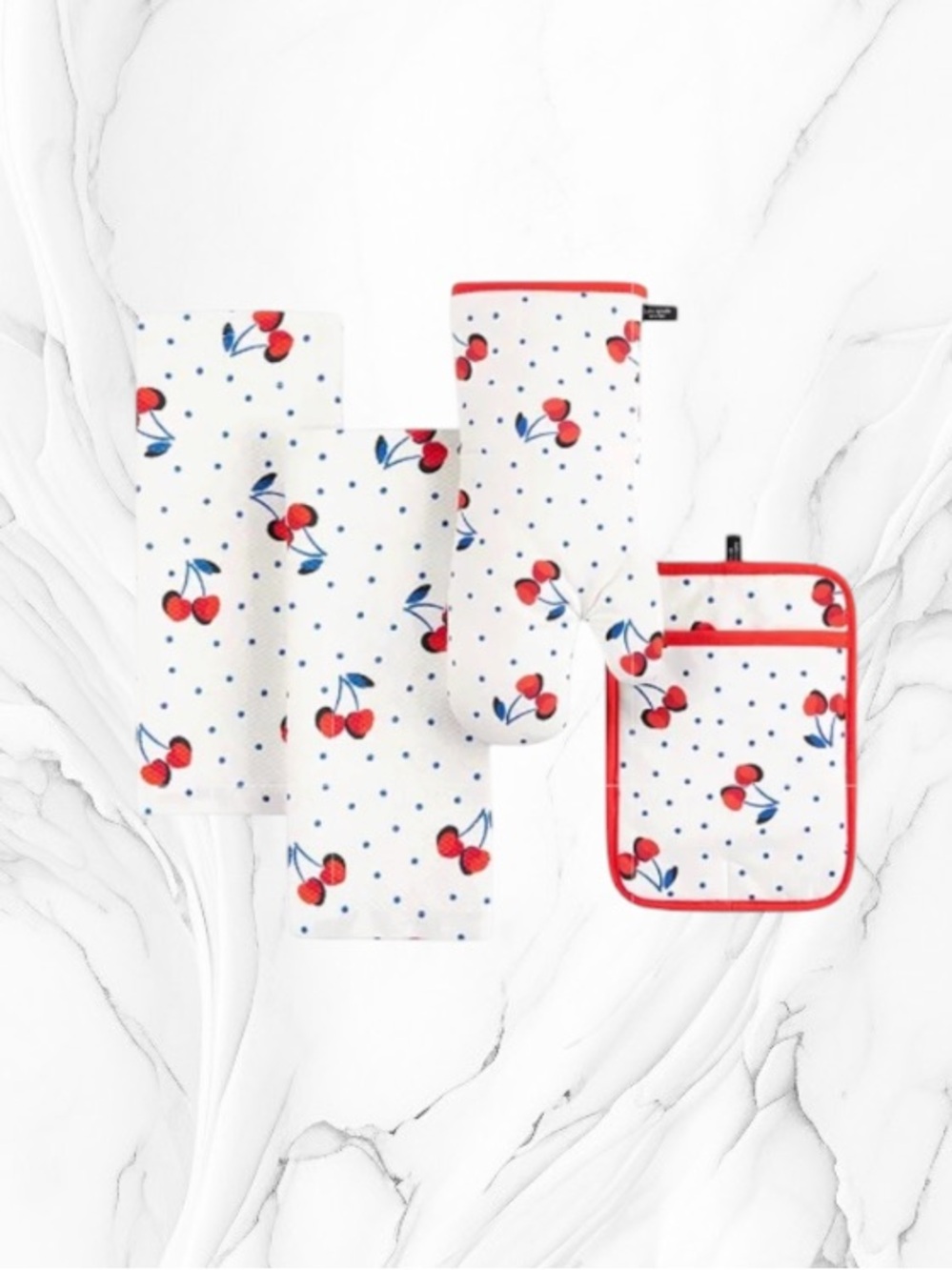 kate spade Cherry Dot Kitchen Towel and Oven Mitt Set in White, Red, Blue